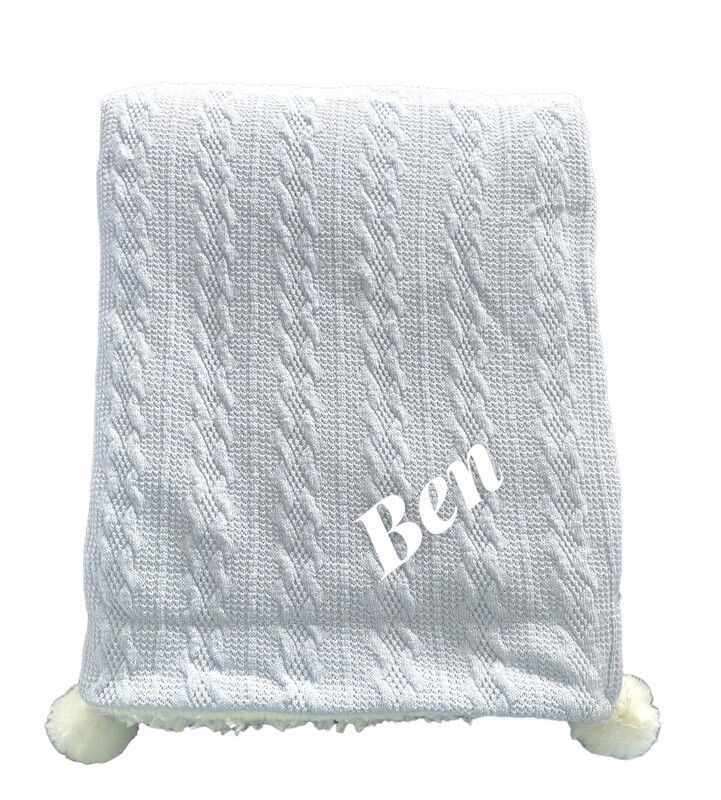 Personalised Blue Knitted  Fleece lined Pom Pom Blanket