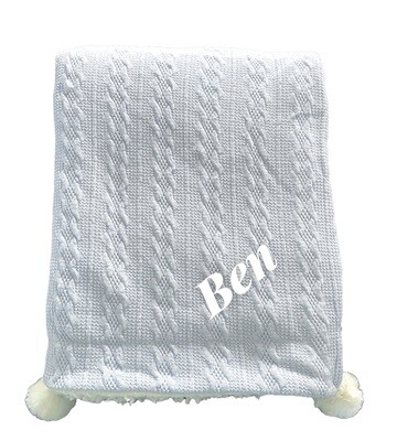 Personalised Blue Knitted  Fleece lined Pom Pom Blanket