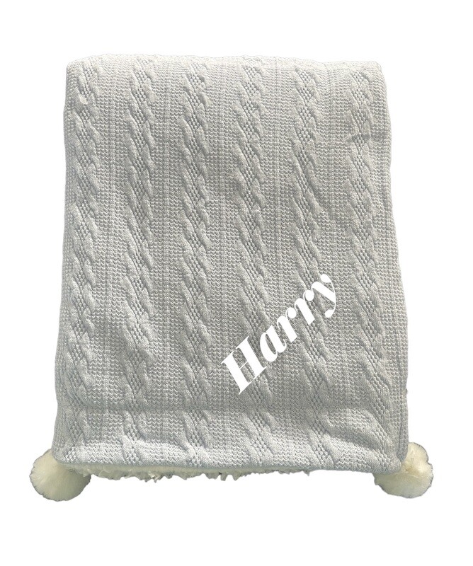 Personalised Grey Knitted  Fleece lined Pom Pom Blanket