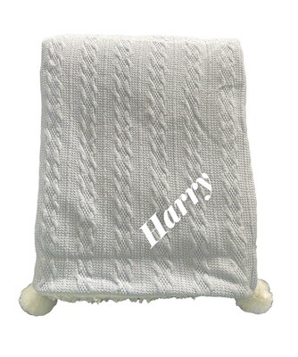 Personalised Grey Knitted  Fleece lined Pom Pom Blanket