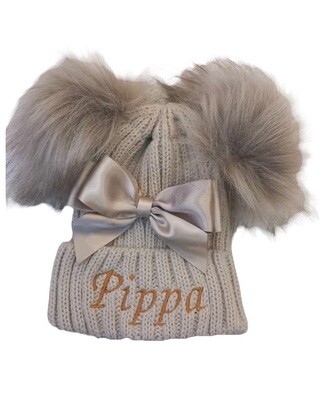 Personalised oatmeal  Double Pom Pom Hat with bow