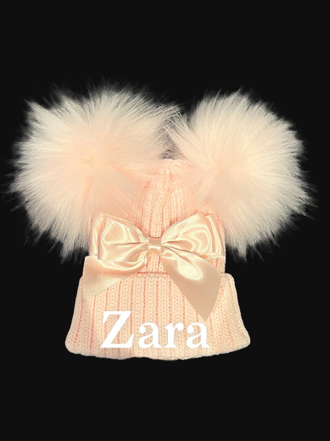 Personalised Baby Pink Double Pom Pom Hat with bow