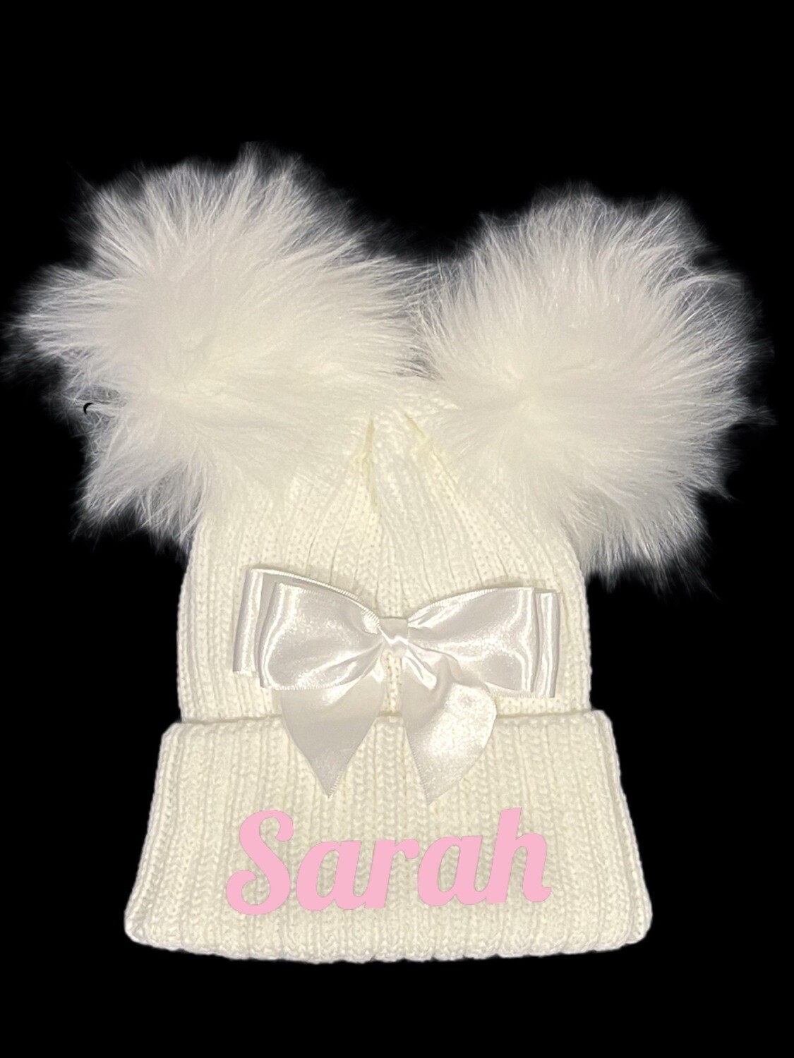 Personalised White Double Pom Pom Hat with bow