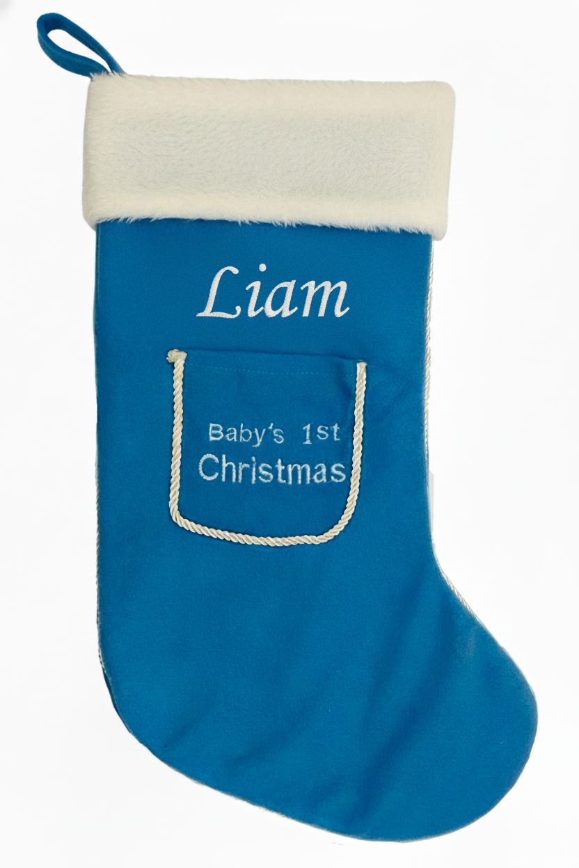Personalised Blue babies 1st Christmas stocking