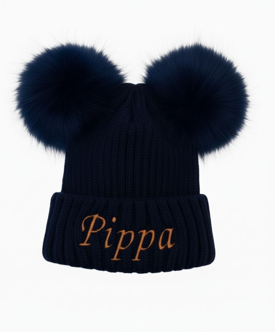 Personalised Navy Double Pom Pom Hat
