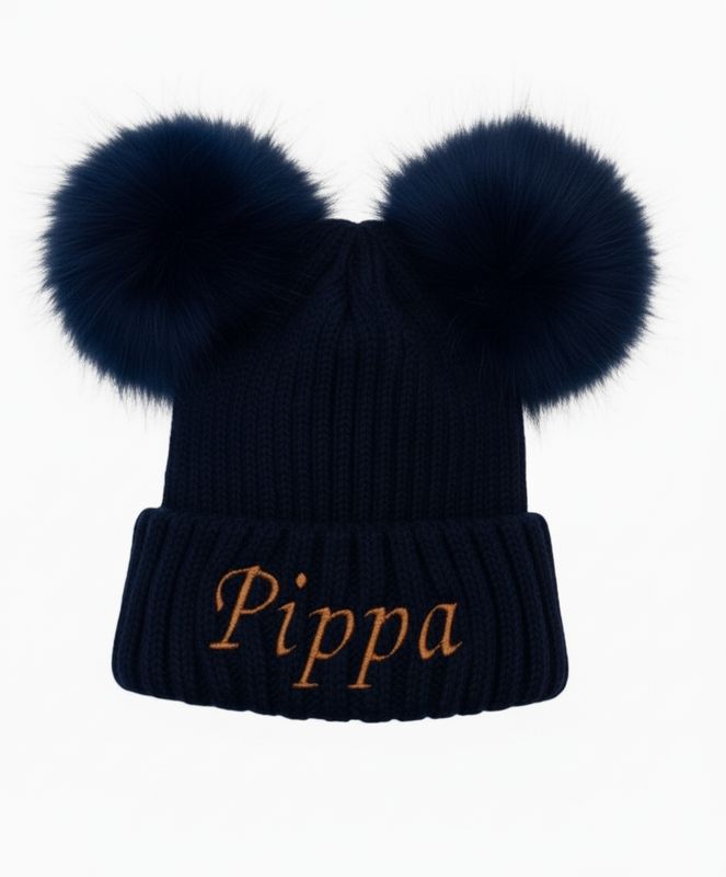 Personalised Navy Double Pom Pom Hat