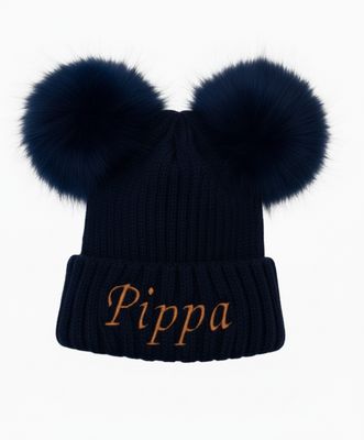 Personalised Navy Double Pom Pom Hat