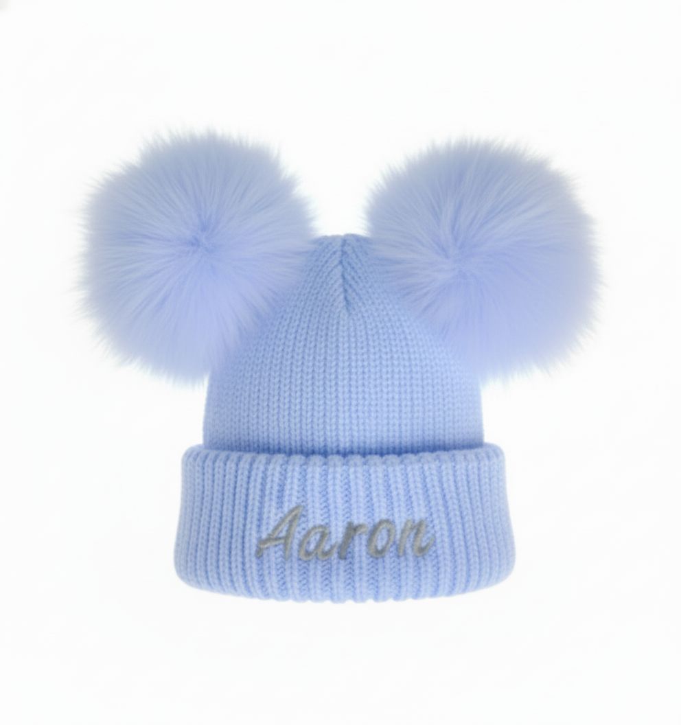 Personalised Baby Blue Double Pom Pom Hat