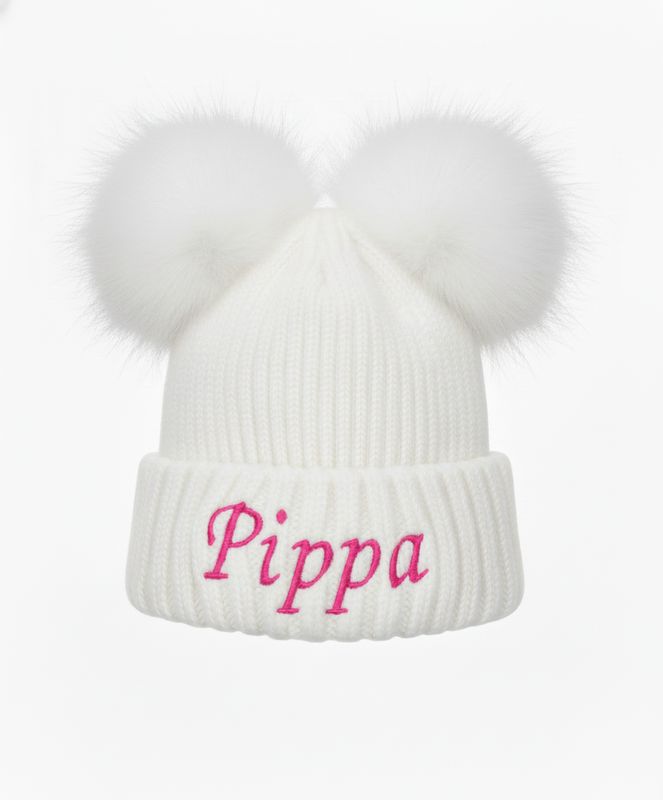Personalised White Double Pom Pom Hat