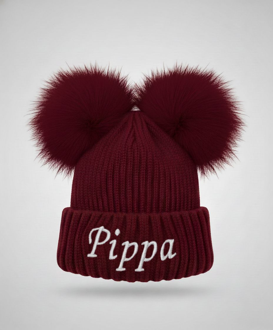 Personalised Deep Red Double Pom Pom Hat