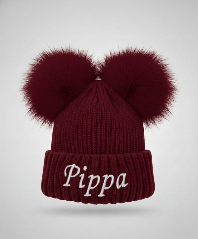 Personalised Deep Red Double Pom Pom Hat
