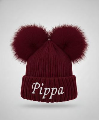 Personalised Deep Red Double Pom Pom Hat