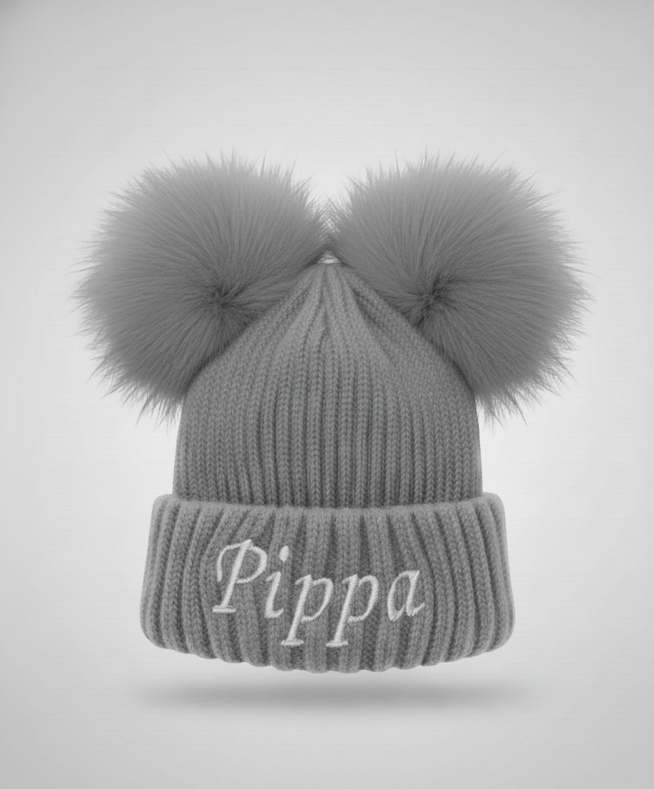 Personalised Grey Double Pom Pom Hat