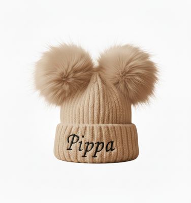 Personalised Beige  Double Pom Pom Hat
