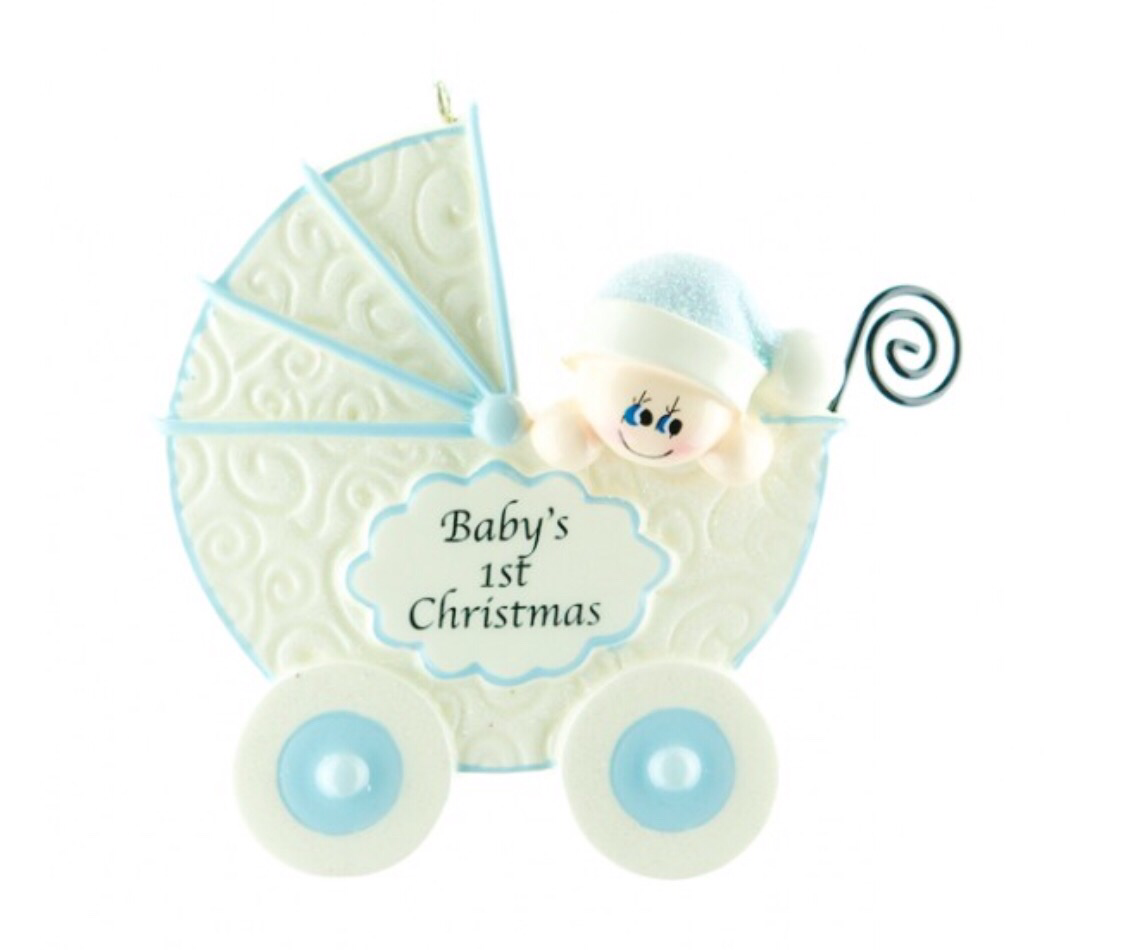 Blue Baby in a Pram First Christmas Tree Ornament