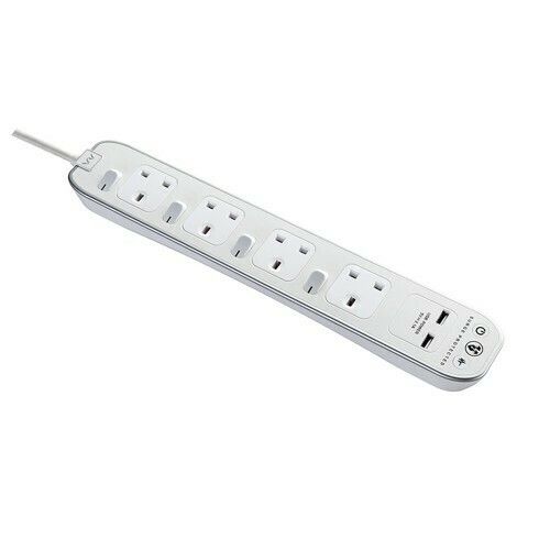 Masterplug 4 Gang 2 USB (2.1mAh) Surge Protector and Switch Button 2 Meter Extension Leads Glossy White SWSRGU42PW-MPA