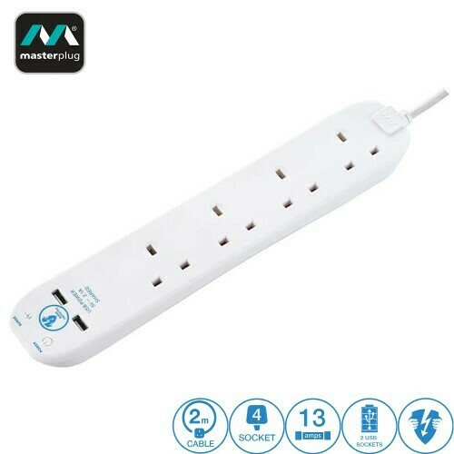Masterplug 4 Gang 2 USB (2.1mAh) Surge Protector 2 Meter Extension Leads White (SRGU42N-MPA)