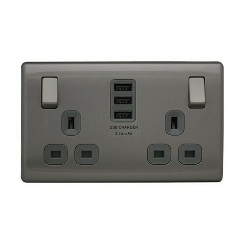 British General FBS22U33G-01 2-Gang Switched Socket Outlet w/3USB 3.1A -Grey