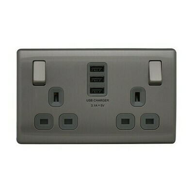 British General FBS22U33G-01 2-Gang Switched Socket Outlet w/3USB 3.1A -Grey
