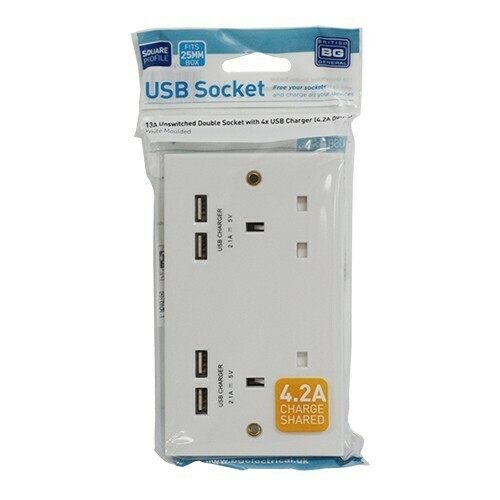 British General 924U44 2-Gang Unswitched Socket Outlet w/4 USB 4.1A