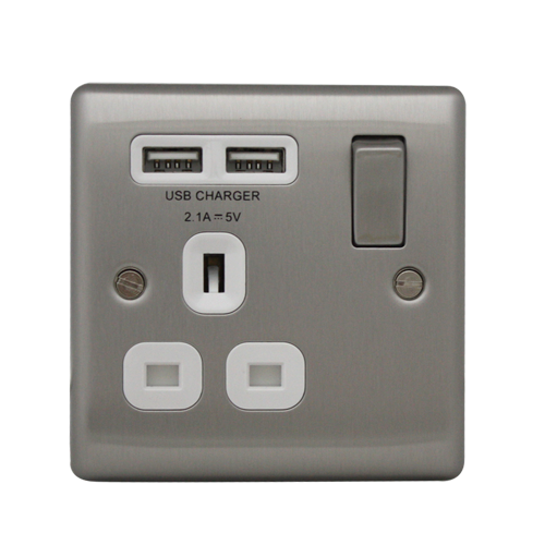 British General NBS21UW 1-Gang Switched Socket Outlet w/2USB 2.1A -White