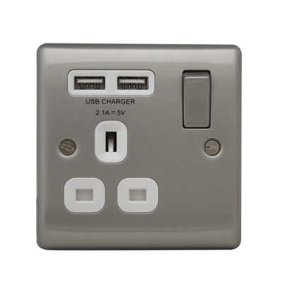 British General NBS21UW 1-Gang Switched Socket Outlet w/2USB 2.1A -White