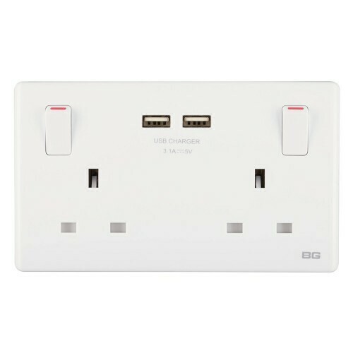 British General 2-Gang 13Amp Switched Socket Outlet with 2 USB (3.1A), Color: White