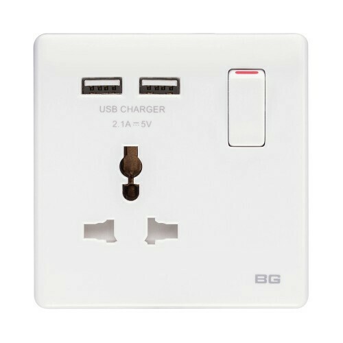 British General 1-Gang Universal Switched Socket Outlet with 2 USB (2.1A), Color: White (PCWH27U)