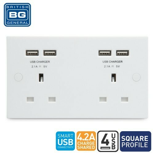 British General 2 Gang Unswitched Socket Outlet With 4 USB (4.2A) 924U44-01