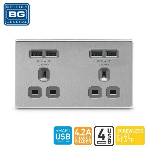 British General 2 Gang Unswitched Socket Outlet With 4 USB 4.2A Brushed Steel Grey FBS24U44G-01