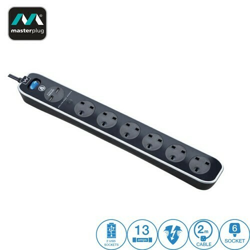 MASTERPLUG 6 GANG 2 USB (3.1A) SWITCH SURGE PROTECTOR 2 METER EXTENSION LEADS GLOSSY BLACK (SRGLSU62PB-MPA)