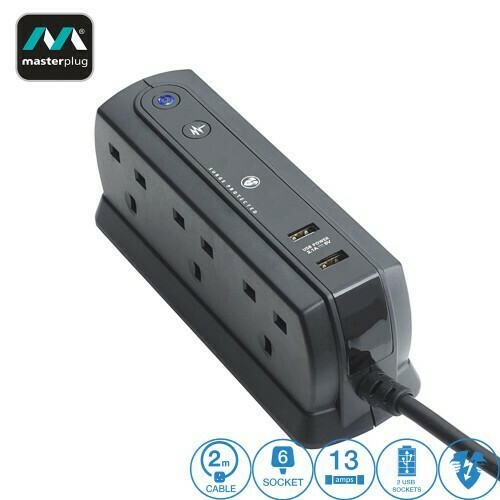 MASTERPLUG 6 GANG 2 USB (2.1A) SURGE PROTECTOR 2 METER EXTENSION LEADS, Color: Black (SRGDU62MB2-MY)