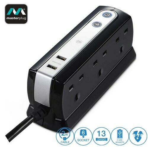 MASTERPLUG 6 GANG 2 USB SURGE PROTECTOR 2 METER EXTENSION LEADS GLOSSY BLACK (SRGDU62PB-MP)