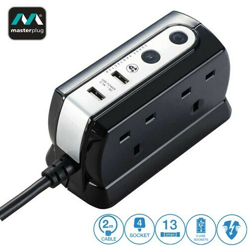 Masterplug 4 Gang 2 USB 2.1A Surge Protector 2M Extension Leads Glossy Black SRGDU42PB2-MY