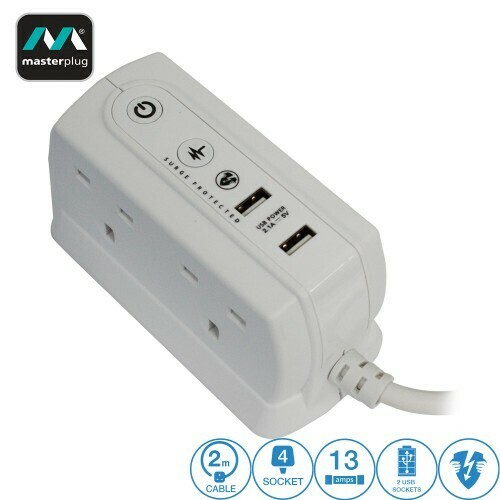 MASTERPLUG 4 GANG 2 USB (2.1A) SURGE PROTECTOR 2 METER EXTENSION LEADS MATT WHITE (SRGDU42MW2-MY)