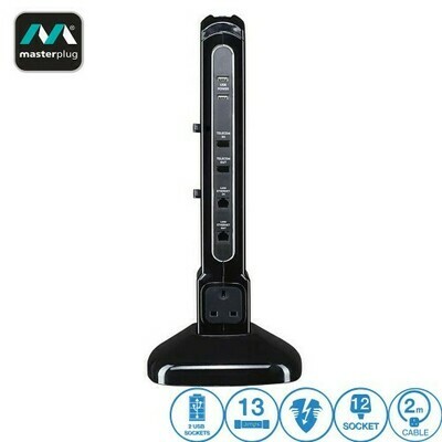 MASTERPLUG 12 GANG 2 USB (2.1A) SWITCH SURGE PROTECTOR 2 METER EXTENSION LEADS (SRPTU122PB-MP)