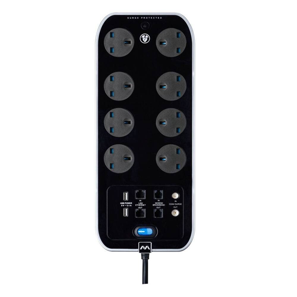 MASTERPLUG SURGE PROTECTOR 8 GANG 2 USB (3.1A) 2 METER EXTENSION LEADS POLISHED BLACK (SRGSUTAC82PB-MPA)