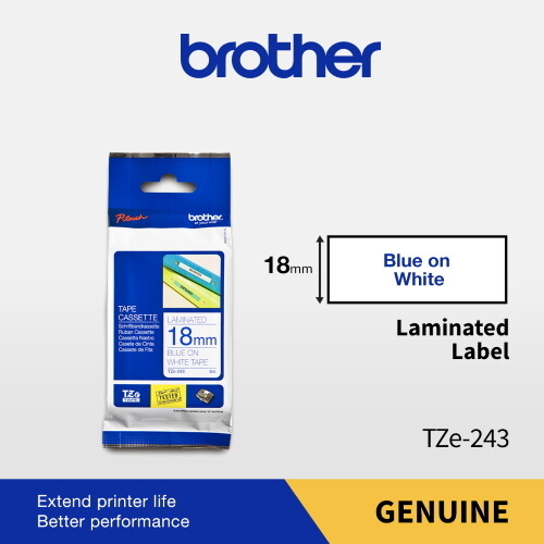 Brother TZe-243 Blue on White 18mm 0.7″ Laminated