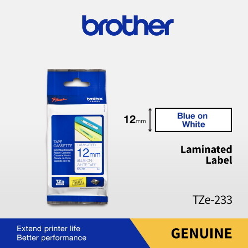 Brother TZe-233 Blue on White 12mm 0.47″ Laminated