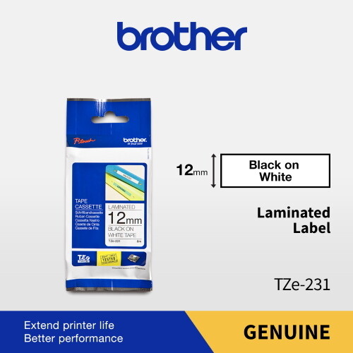 Brother TZe-231 Black On White 12mm 0.47″ Laminated 8m