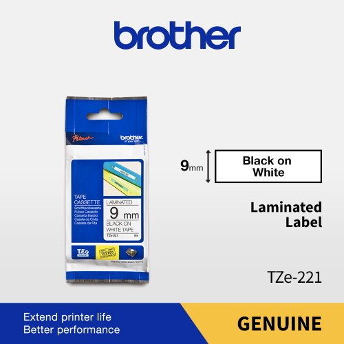 Brother TZe-221 Black On White 9mm 0.35″ Laminated