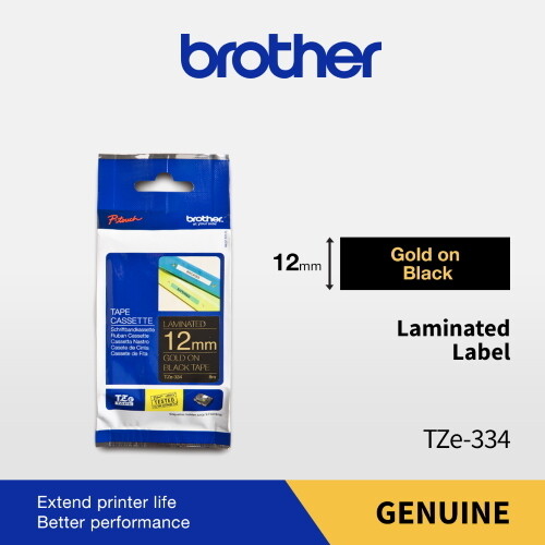 Brother TZe-334 Gold on Black 12mm 0.47″ Laminated