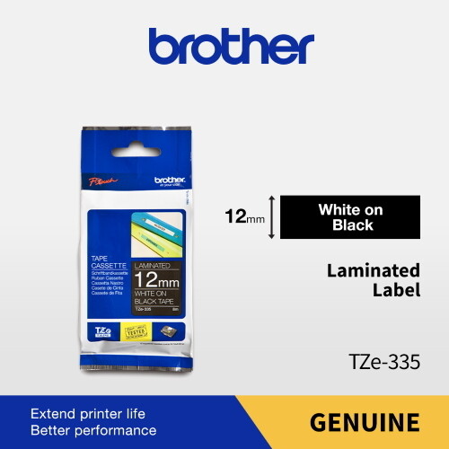 Brother TZe-335 White on Black 12mm 0.47″ Laminated (Pre Order)
