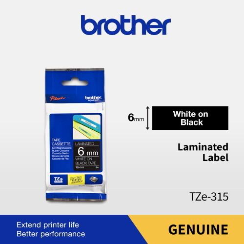 Brother TZe-315 White on Black 6mm 0.23″ Laminated