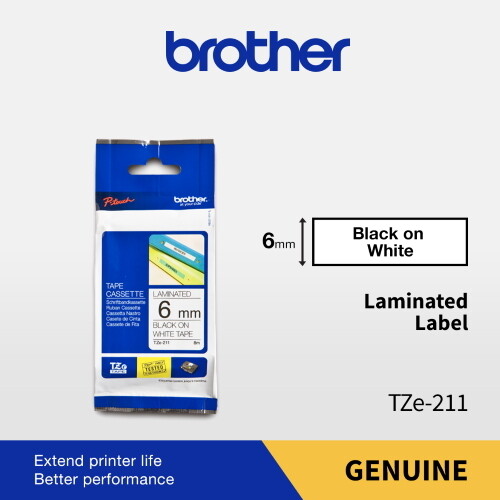Brother TZe-211 Black on White 6mm 0.23″ Laminated