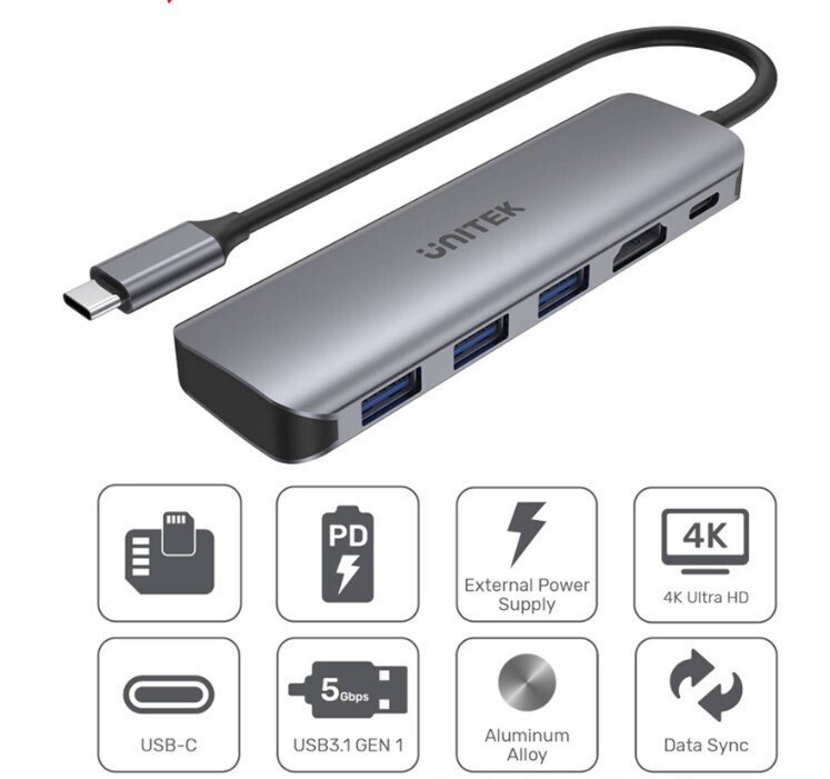 UNITEK UHUB P5+ 5 IN 1 USB-A PORTS POWERED USB TYPE-C HUB WITH 100W POWER DELIVERY AND HDMI HDCP2.2 (H1107E)