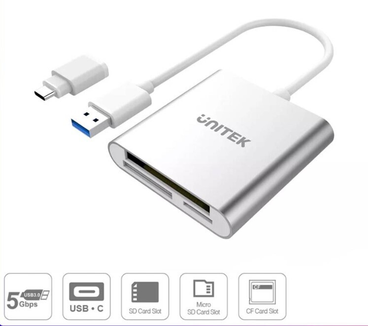 UNITEK USB 3.0 3-PORT MEMORY CARD READER WITH USB TYPE-C ADAPTOR (Y-9313D)