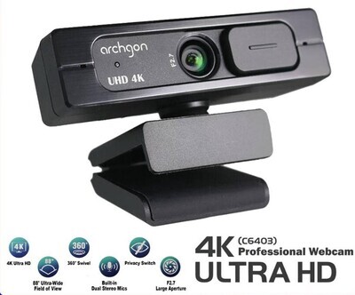 Archgon 4K Ultra HD 30FPS Professional Webcam F2.7 Aperture With Built In Dual Stereo Microphones C6403