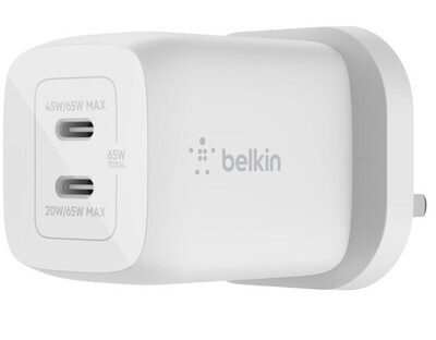 Belkin BoostCharge Pro Dual USB-C GaN Wall Charger with PPS 65W WCH013myWH