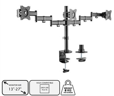 Brateck Triple Monitor Arms Stand Economy Steel VESA Desk Mount 13-27 inch Clamp Grommet Monitor Holder LDT07-C036